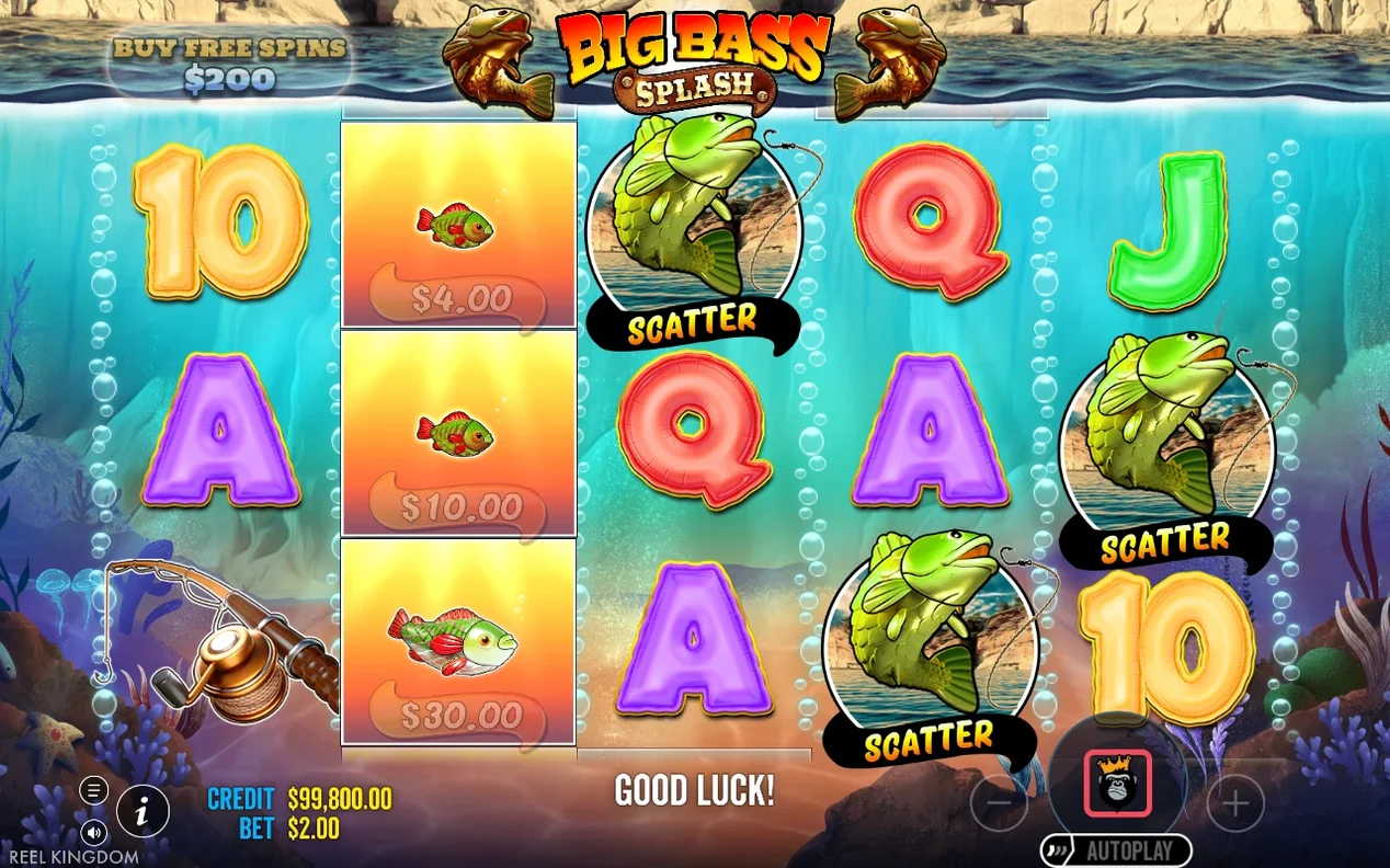 Drei Scatter-Fische lösen Freispiele aus, Geldwerte 4,00 $, 10,00 $ und 30,00 $ erscheinen, unten steht GOOD LUCK!