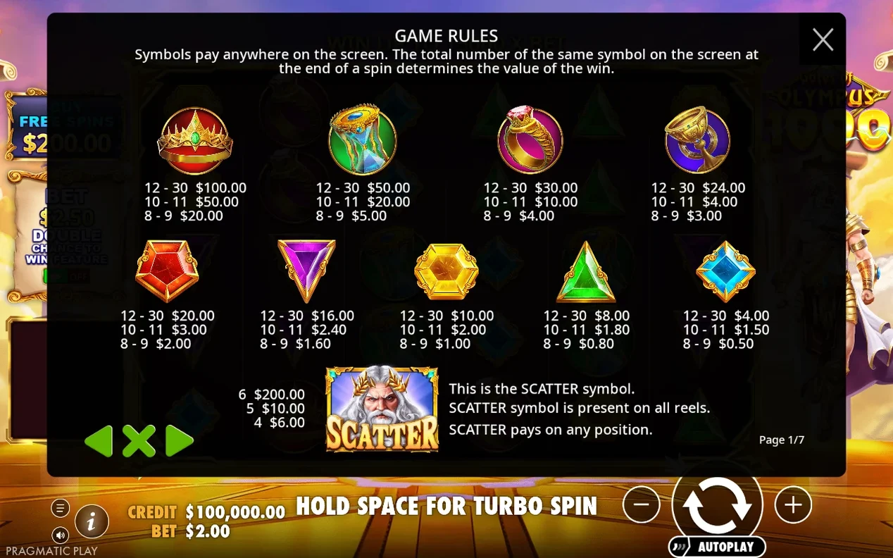 Spielregeln Seite 1/7: Auszahlungen für Krone, Sanduhr, Ring, Kelch, fünf Edelsteine und Scatter-Symbol Zeus.
