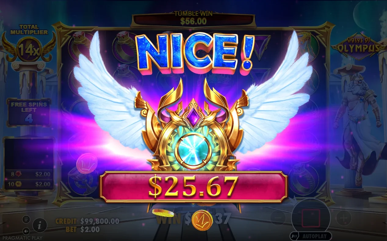 NICE!-Banner mit goldenem Flügel-Emblem, Gewinn $25.67, Gesamtmultiplikator 14x, 4 Freispiele übrig.