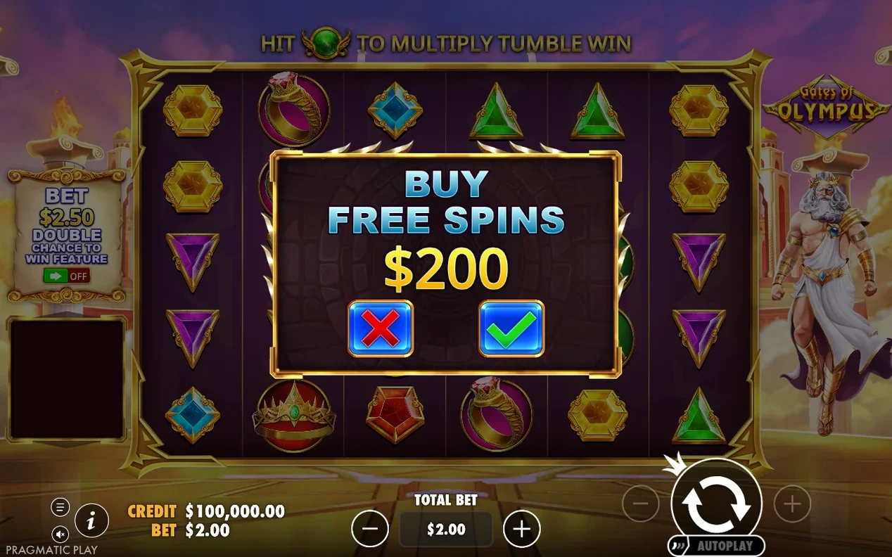 Buy-Free-Spins-Dialog verlangt $200, mit rotem X- und grünem Häkchen-Button neben Zeus.