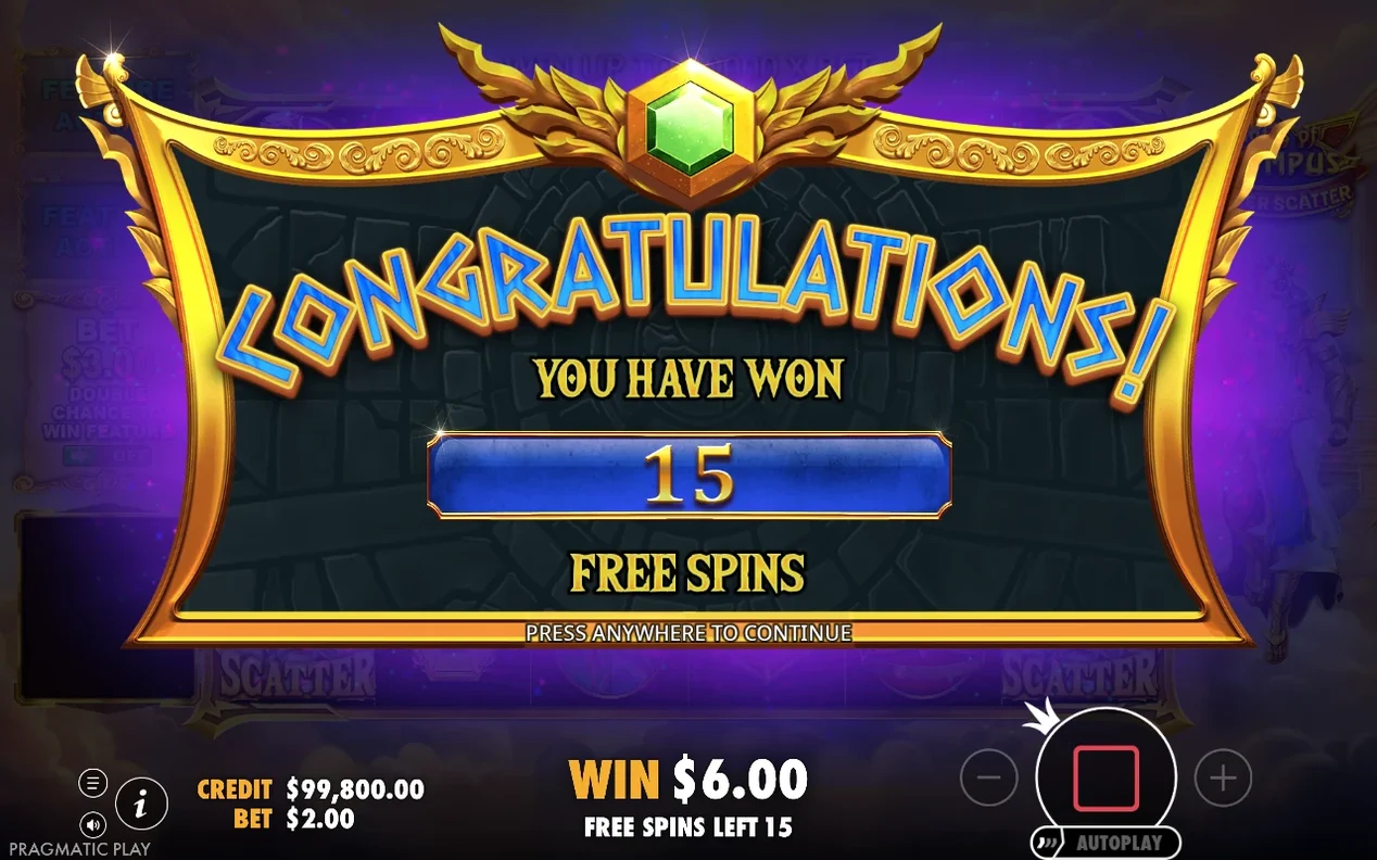 Congratulations-Bildschirm: 15 Freispiele gewonnen, Gewinn $6,00, Guthaben $99.800,00, Einsatz $2,00.