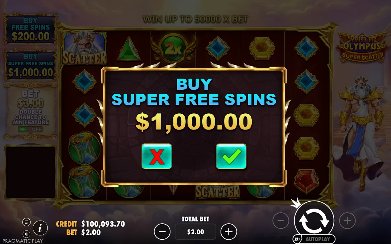 Kaufdialog Super Free Spins zeigt Preis $1.000,00 mit Bestätigen- und Abbrechen-Symbolen, Guthaben $100.093,70.