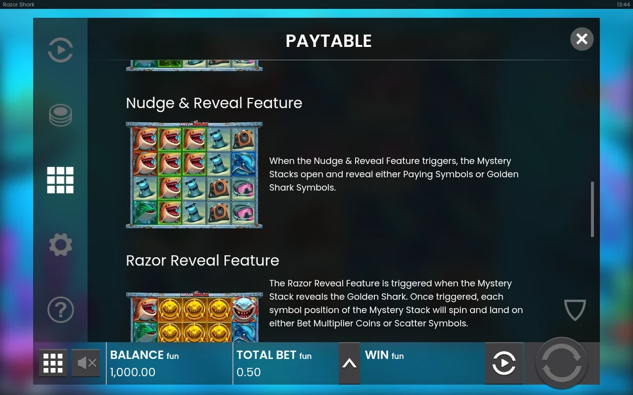 Paytable erklärt Nudge & Reveal und Razor Reveal Feature, Walzenbild mit goldenen Hai-Symbolen.
