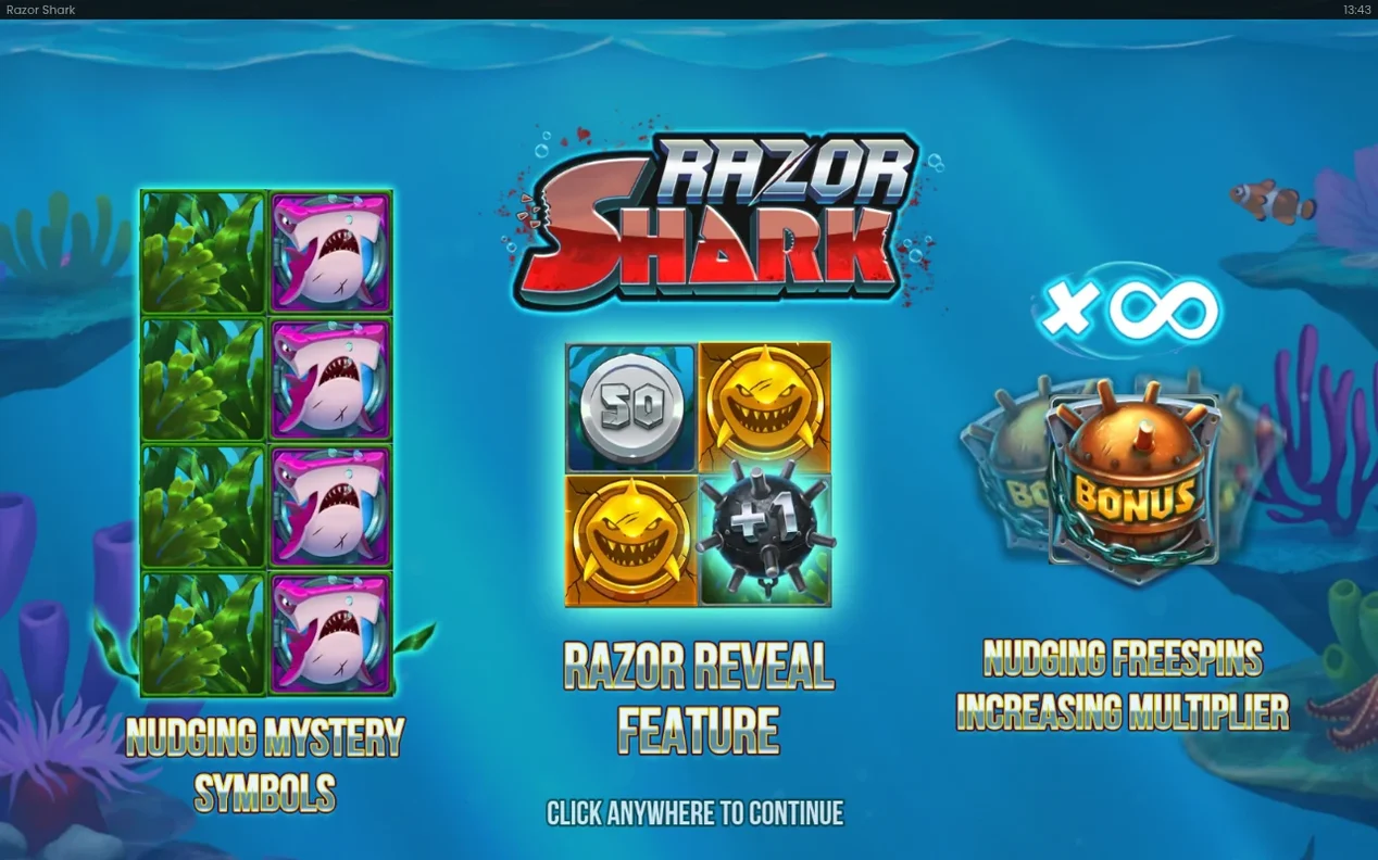 Intro-Screen mit Razor-Shark-Logo, Mystery-Symbolen, Razor-Reveal-Feature und Freispiel-Multiplikator x unendlich.