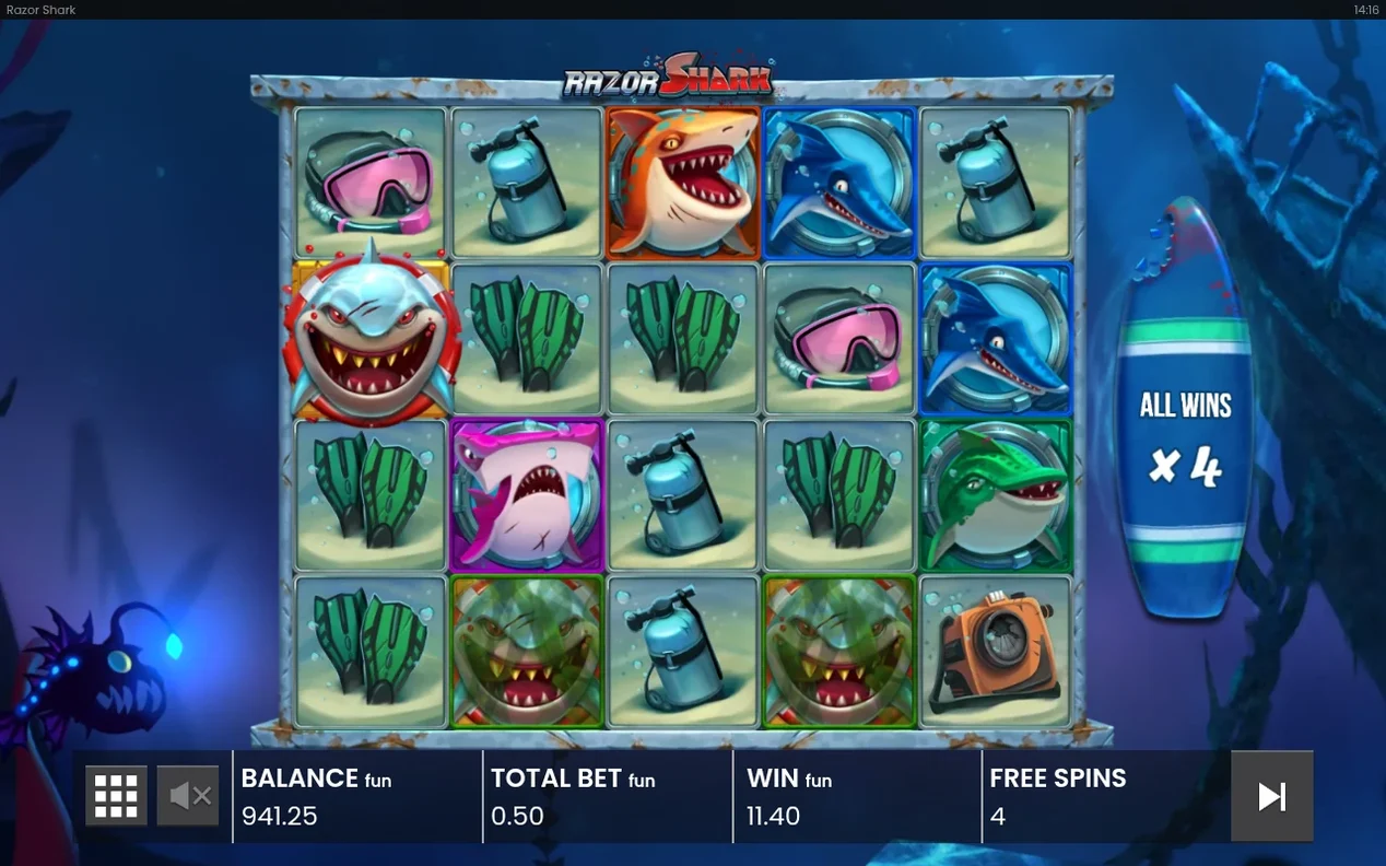 Freispielrunde bei Free Spins 4: ALL WINS x4, WIN 11.40 fun, gefüllte Walzen mit Tauchsymbolen.