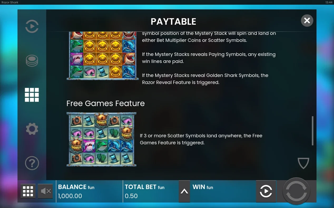 Paytable zu Razor Reveal und Free Games Feature, Walzenbild mit Bonus-Scatter-Minen-Symbolen.