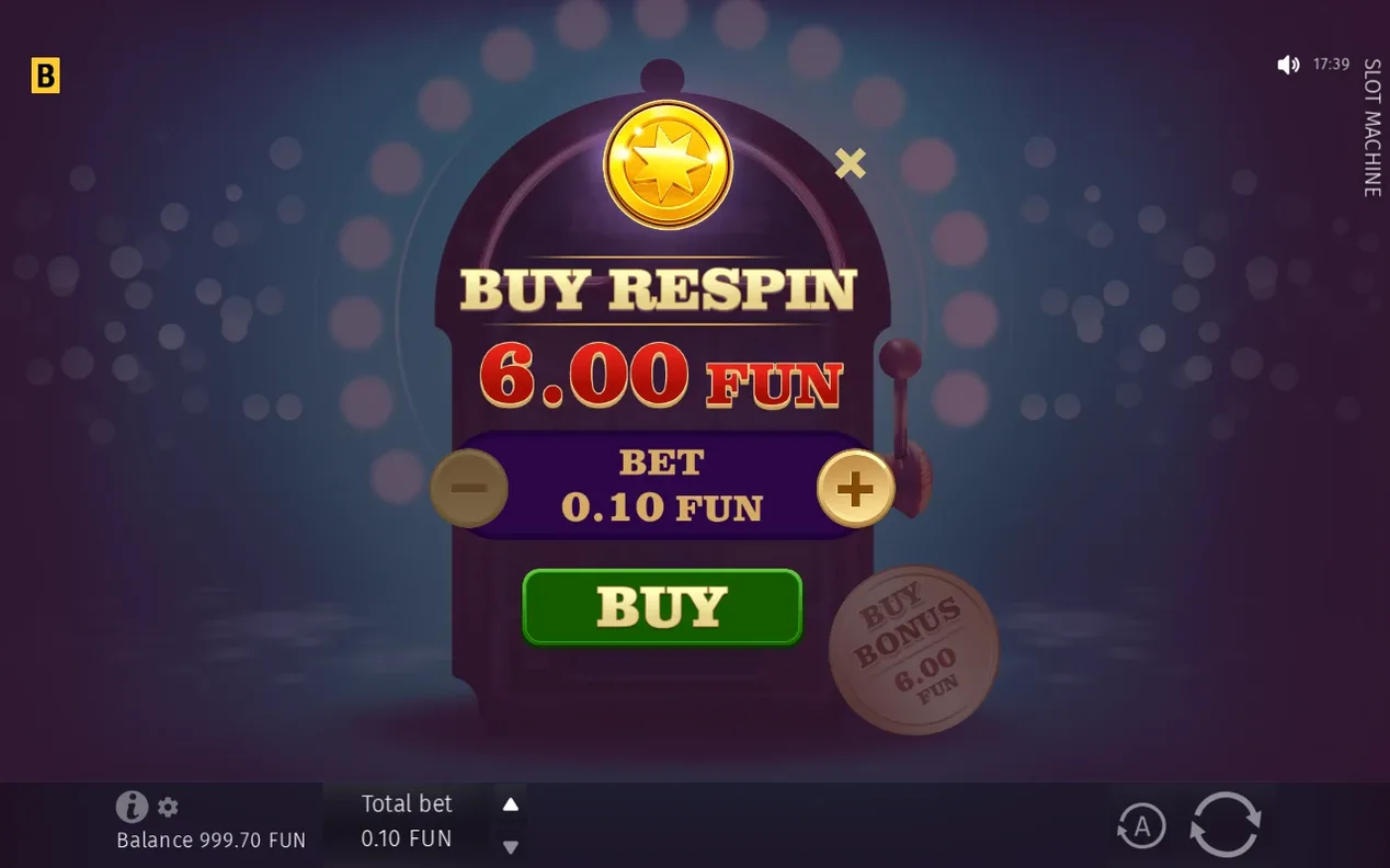 Kaufdialog Buy Respin: Preis 6.00 FUN, Einsatzfeld 0.10 FUN einstellbar, grüner BUY-Button.