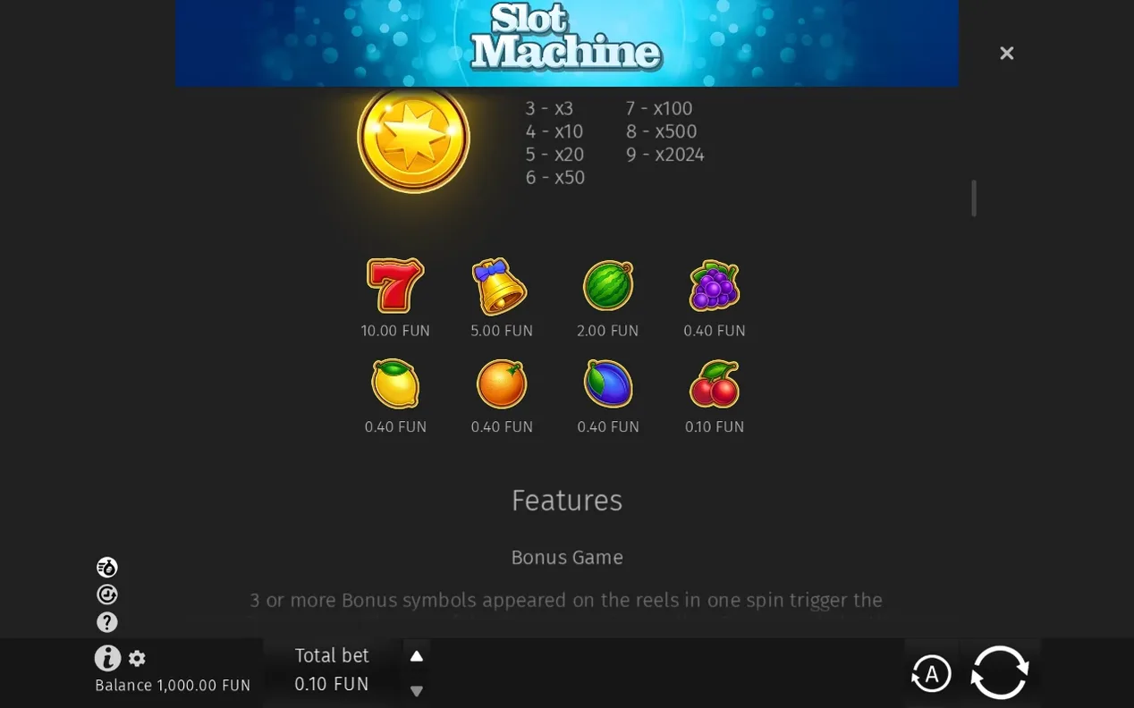 Tabelle zu Bonus-Coin-Stufen 3 bis 9 für x3 bis x2024, darunter Sieben, Glocke und Obstsymbole mit FUN-Werten.
