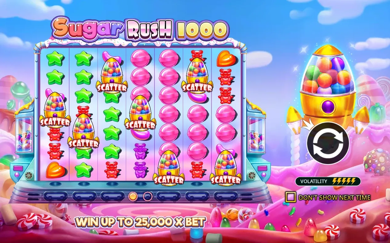 Startbildschirm zeigt Logo, mehrere Scatter-Symbole, Hinweis 'Win up to 25.000 x bet' und Volatilität 5/5.