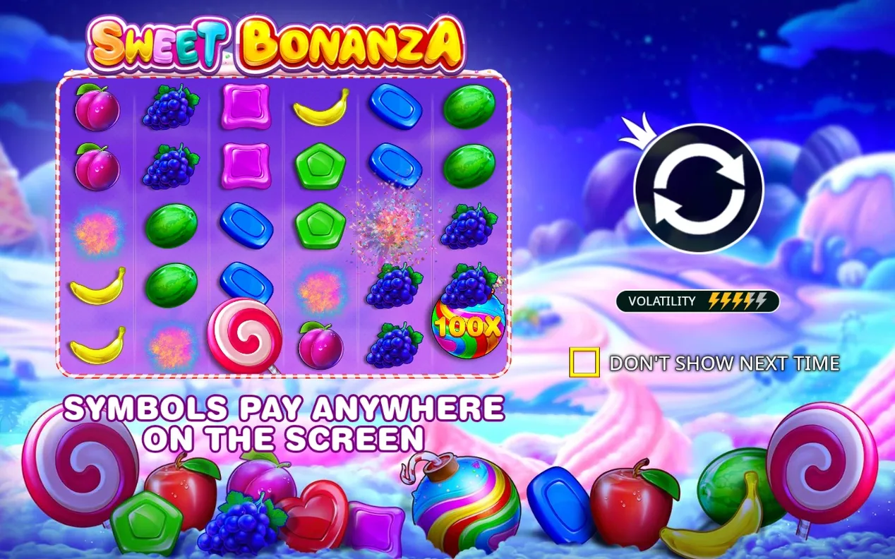 Intro-Screen zeigt Sweet-Bonanza-Logo, Muster-Grid mit 100x-Multiplikator-Bombe und Volatilitätsskala.
