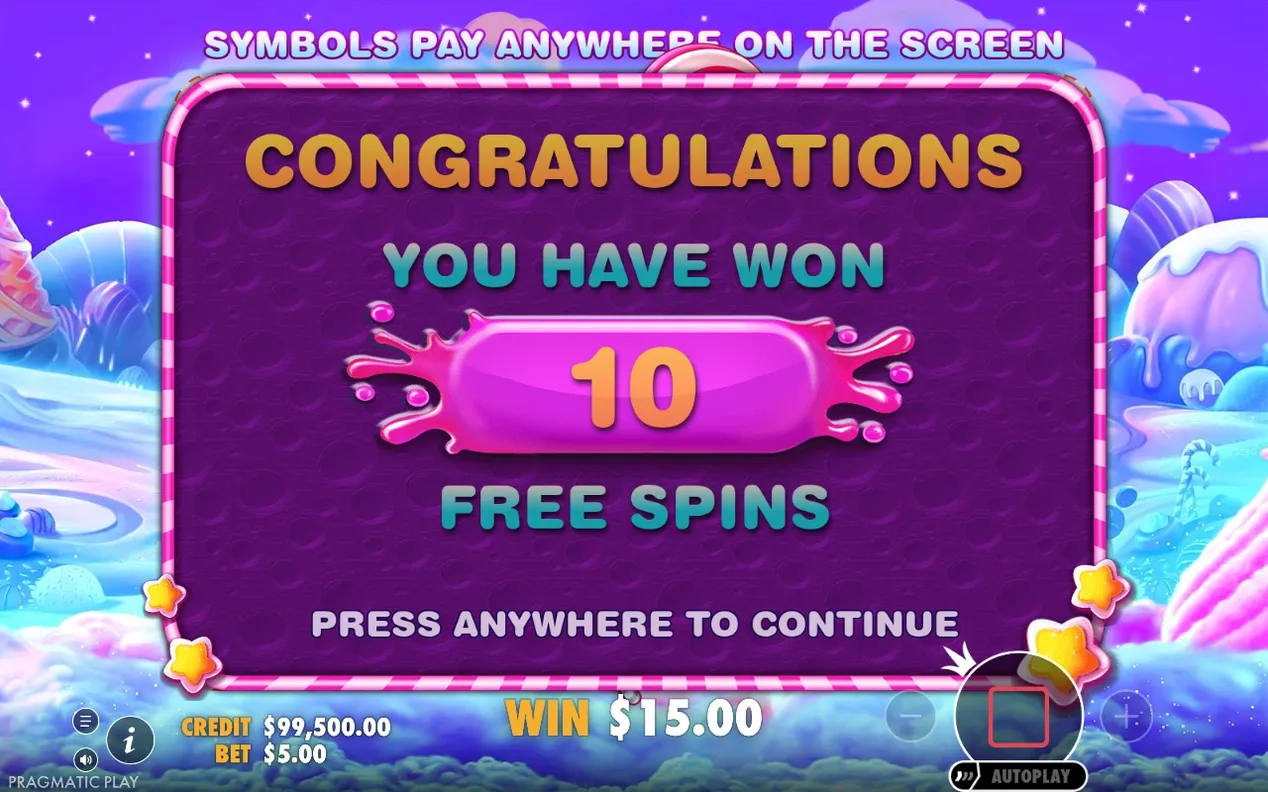 Congratulations-Popup bestätigt 10 gewonnene Freispiele, Gewinnstand 15,00 $ bei Einsatz 5,00 $.
